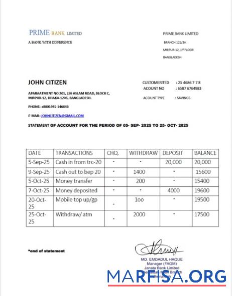 Printable Bangladesh Prime bank Limited statement of account word example